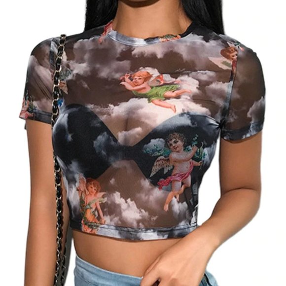 Tops - Medium Sheer Cupid Print Mesh Short Sleeve Crop